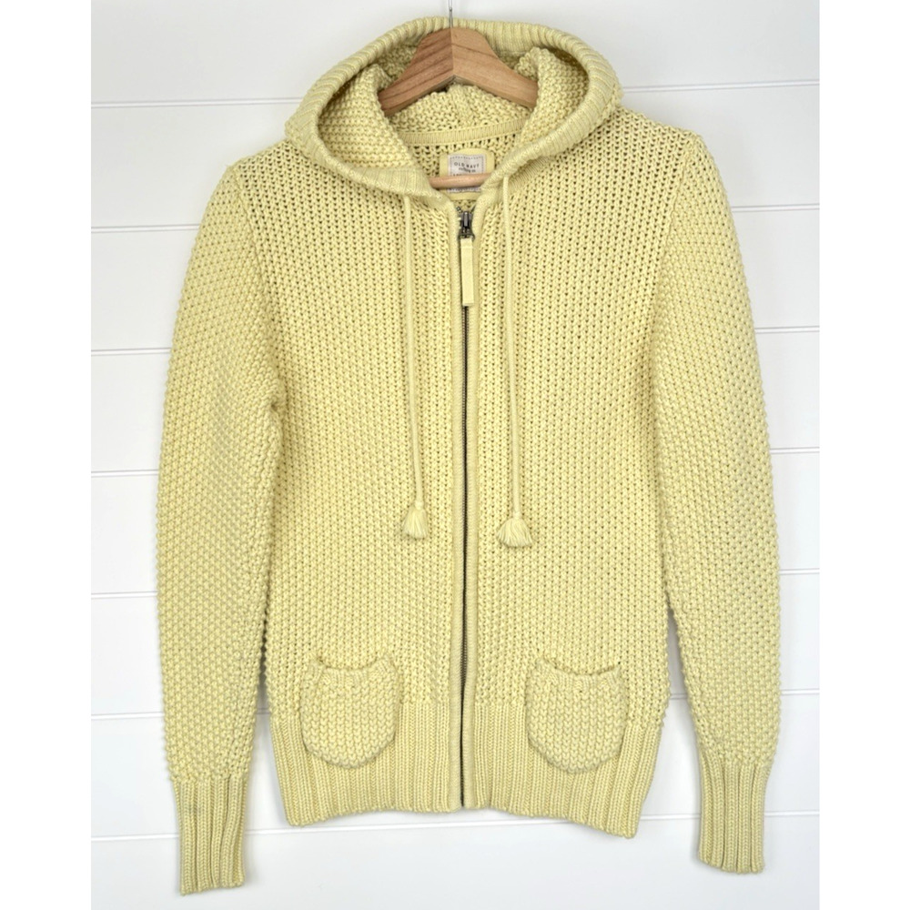 Y2K Old Navy Chunky Knit Zip Front Cardigan Sweater Cotton Hooded Yellow XS-M
